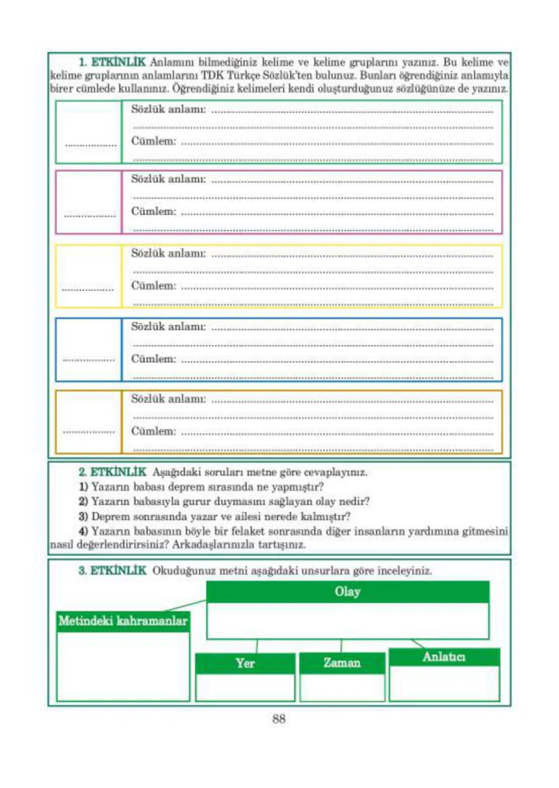 5. Sınıf Türkçe Ders Kitabı Cevapları Anıttepe Yayınları Sayfa 88