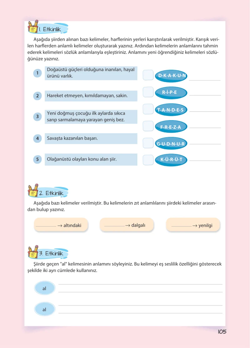 5. Sınıf Türkçe Ders Kitabı Cevapları Koza Yayınları Sayfa 105