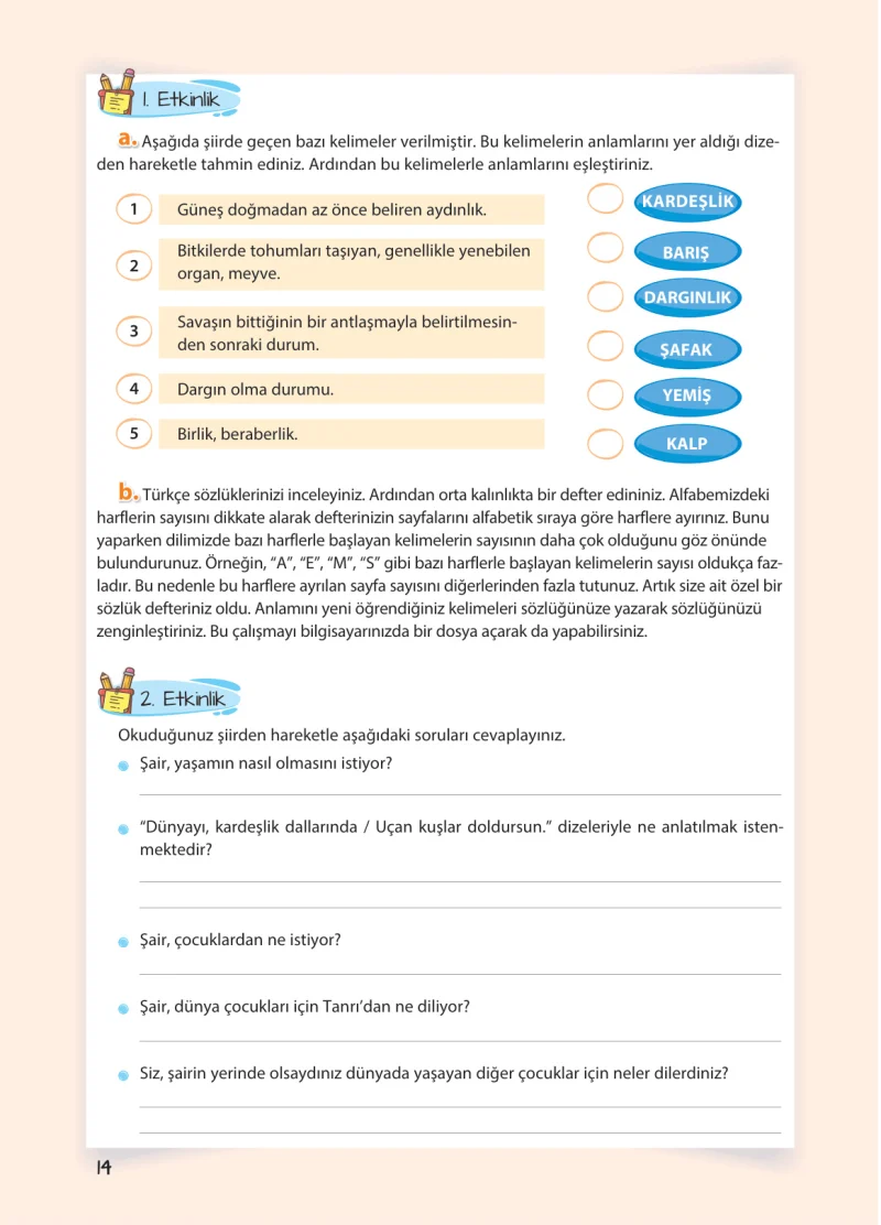5. Sınıf Türkçe Ders Kitabı Cevapları Koza Yayınları Sayfa 14