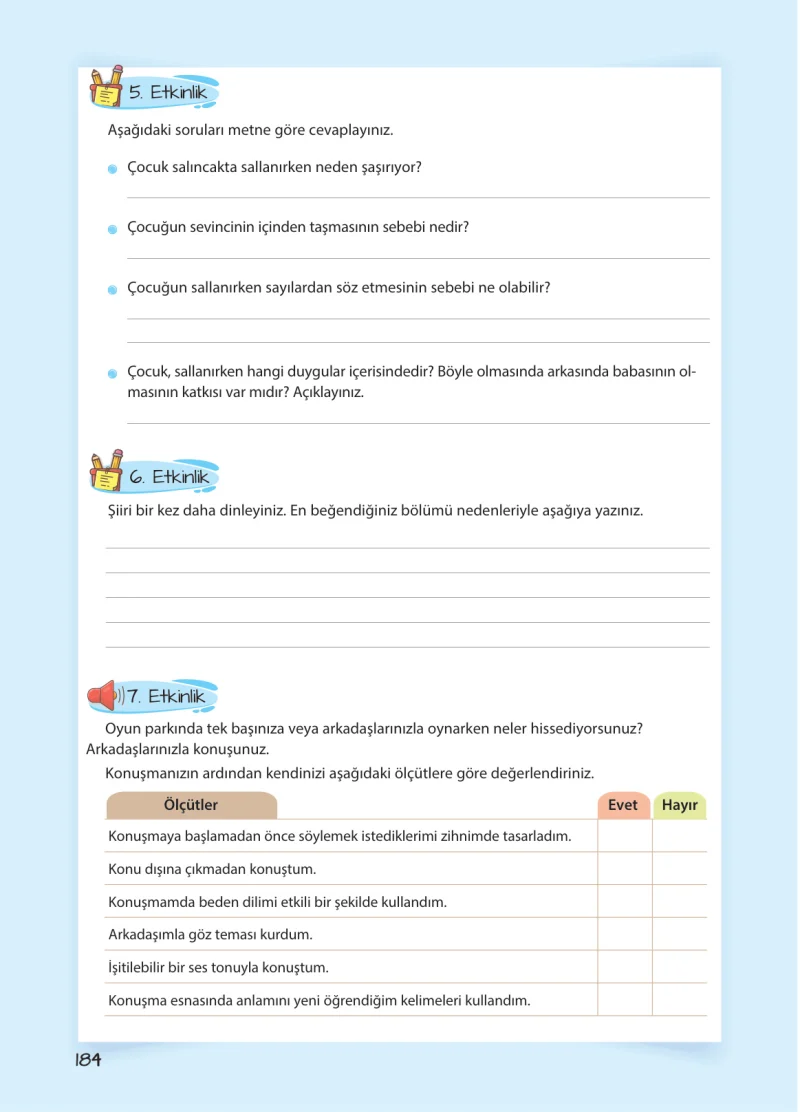 5. Sınıf Türkçe Ders Kitabı Cevapları Koza Yayınları Sayfa 184