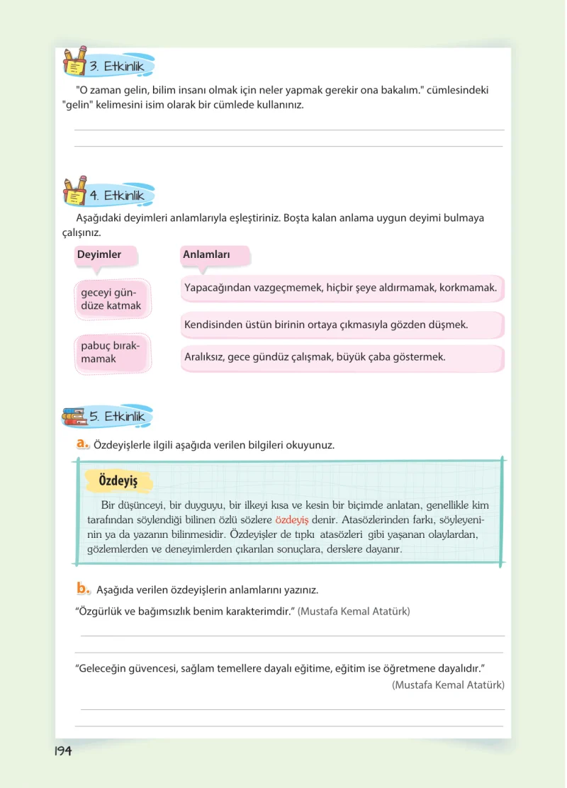5. Sınıf Türkçe Ders Kitabı Cevapları Koza Yayınları Sayfa 194