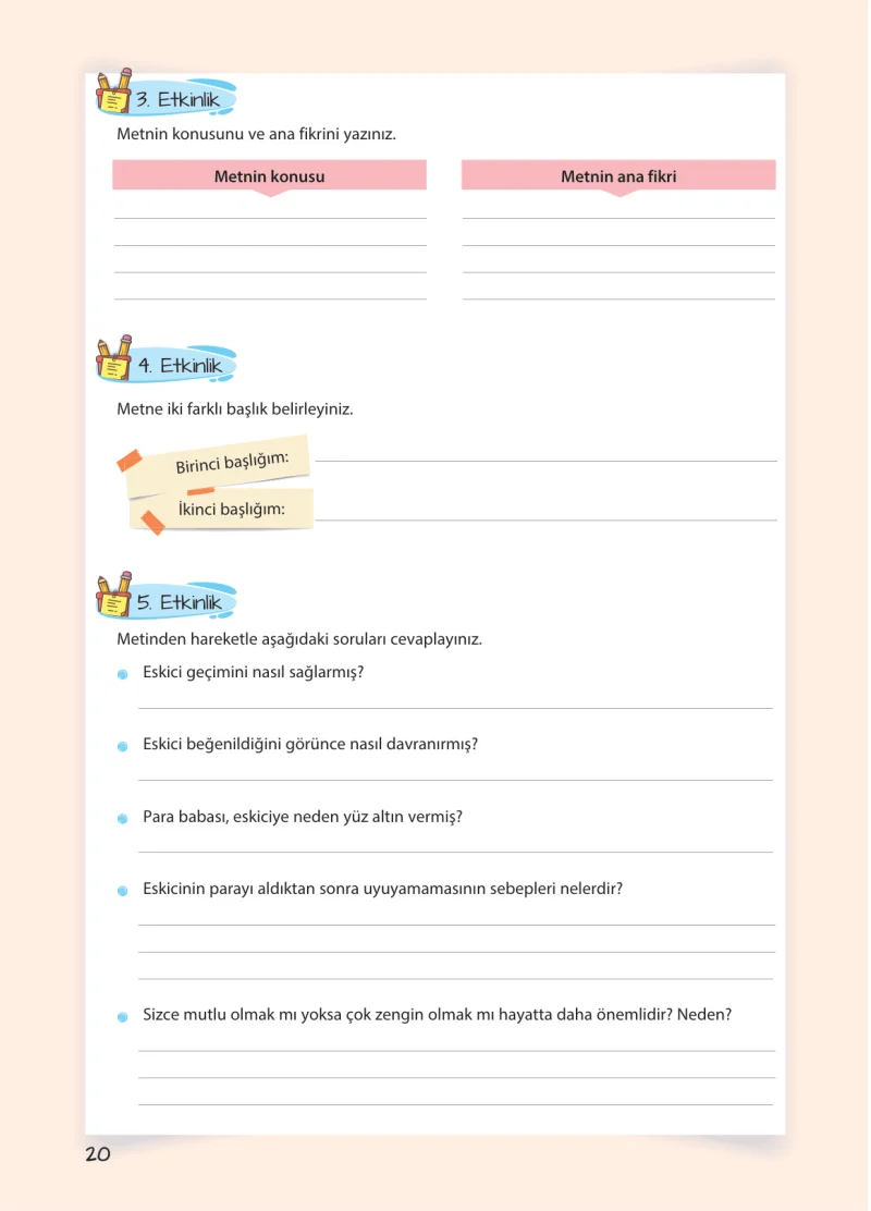 5. Sınıf Türkçe Ders Kitabı Cevapları Koza Yayınları Sayfa 20