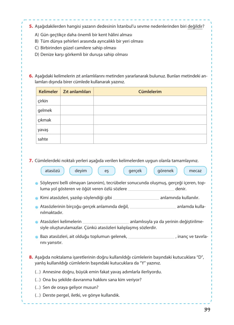 5. Sınıf Türkçe Ders Kitabı Cevapları Koza Yayınları Sayfa 39