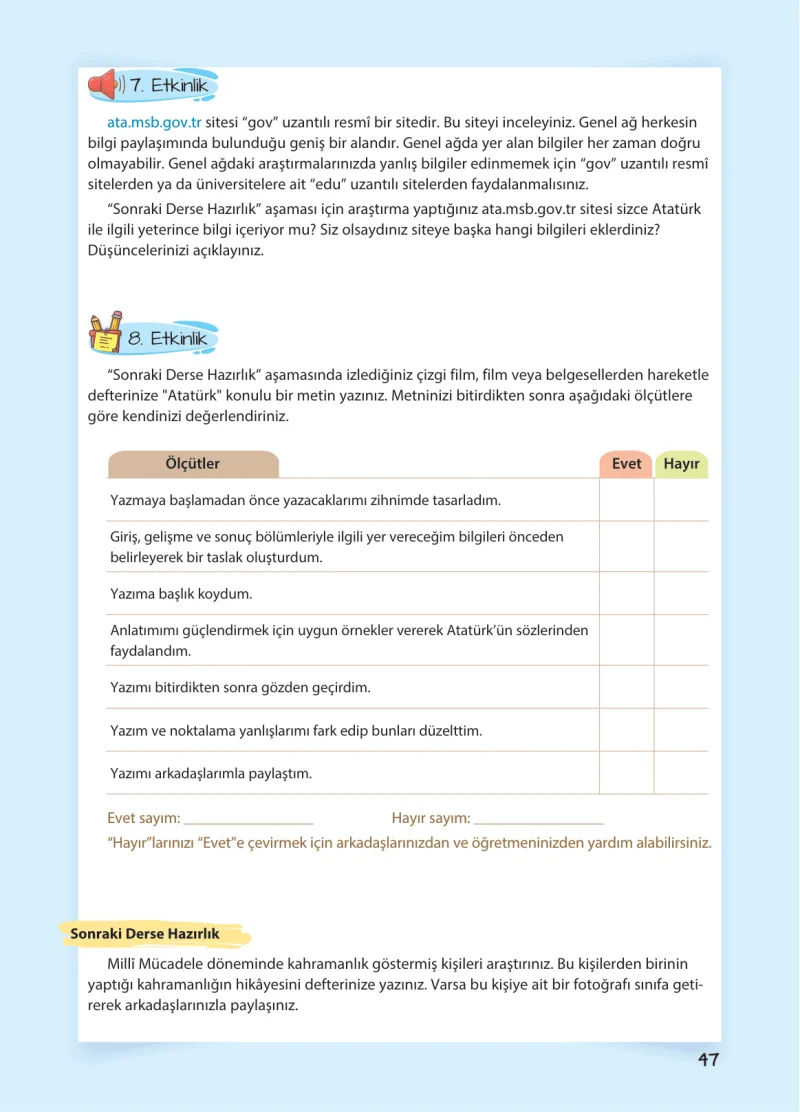 5. Sınıf Türkçe Ders Kitabı Cevapları Koza Yayınları Sayfa 47