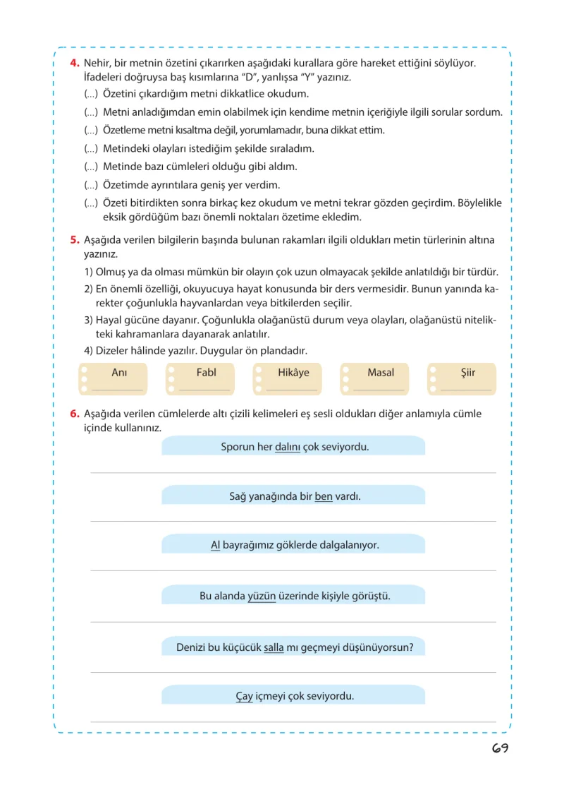 5. Sınıf Türkçe Ders Kitabı Cevapları Koza Yayınları Sayfa 69