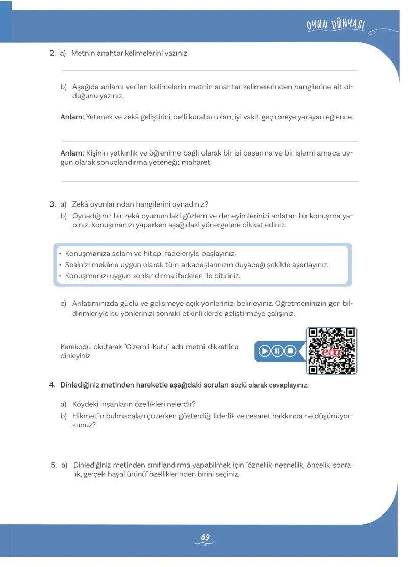 5. Sınıf Türkçe Ders Kitabı Cevapları Meb Yayınları 1 Sayfa 69