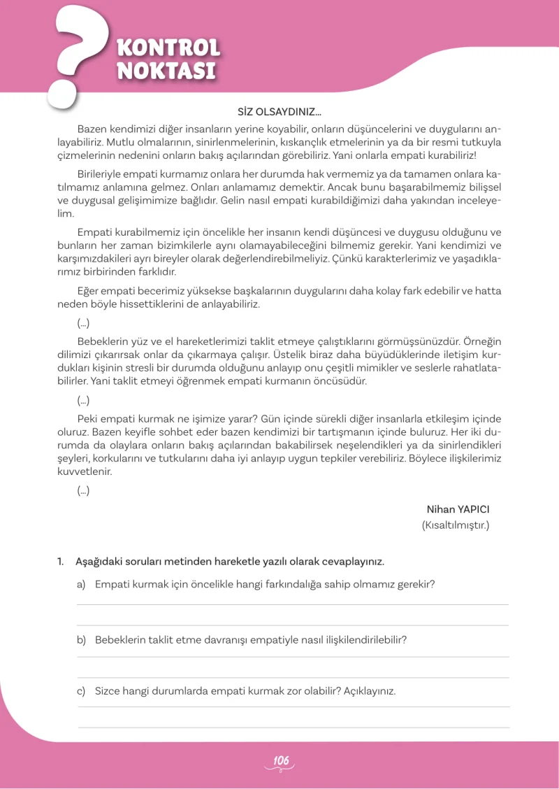 5. Sınıf Türkçe Ders Kitabı Cevapları Meb Yayınları 2. Kitap Sayfa 106