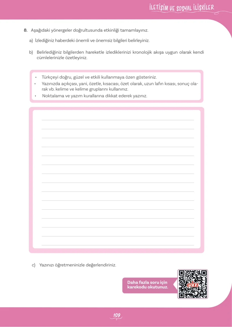 5. Sınıf Türkçe Ders Kitabı Cevapları Meb Yayınları 2. Kitap Sayfa 109