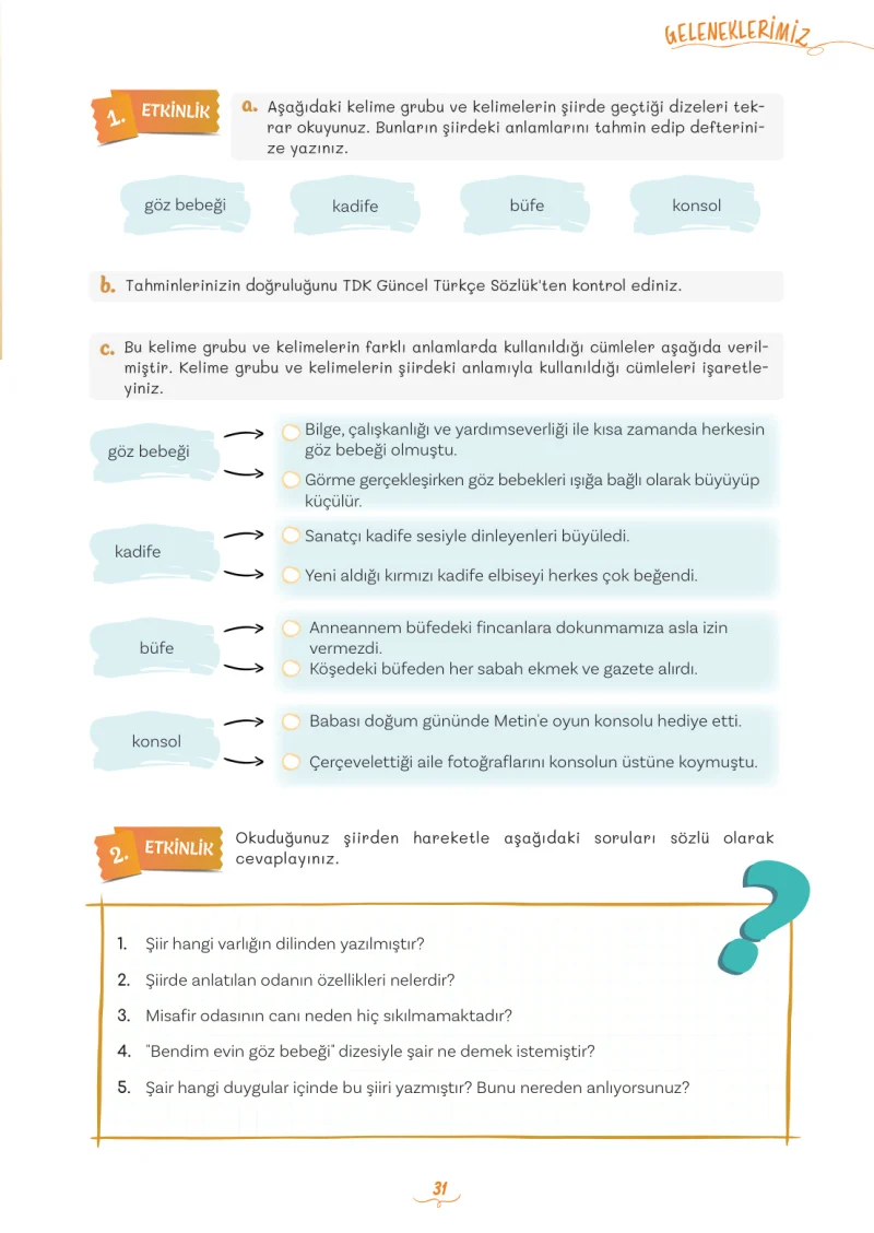 5. Sınıf Türkçe Ders Kitabı Cevapları Meb Yayınları 2. Kitap Sayfa 31