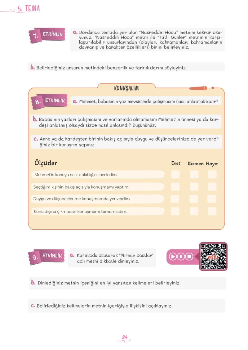 5. Sınıf Türkçe Ders Kitabı Cevapları Meb Yayınları 2. Kitap Sayfa 84