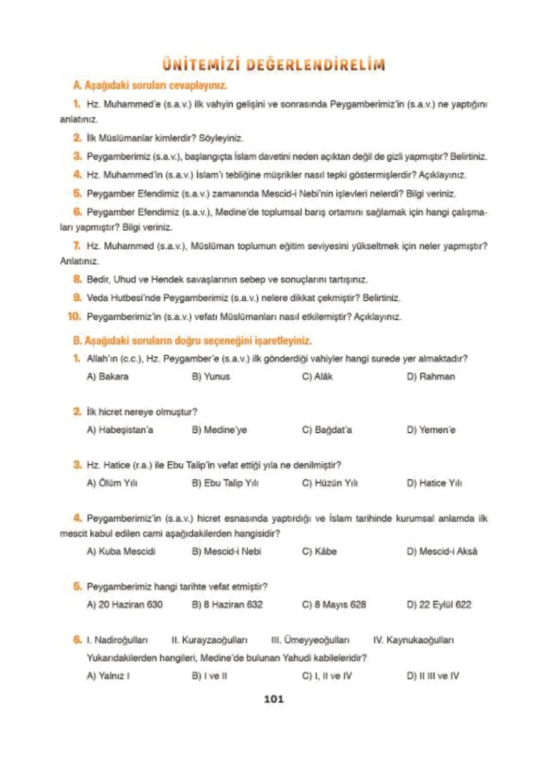 6. Sınıf Din Kültürü ve Ahlak Bilgisi Ders Kitabı Cevapları Doğa Yayınları Sayfa 101