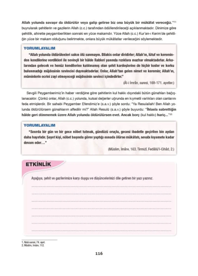 6. Sınıf Din Kültürü ve Ahlak Bilgisi Ders Kitabı Cevapları Doğa Yayınları Sayfa 116