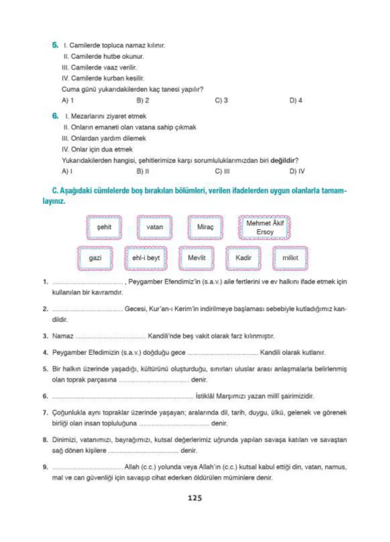 6. Sınıf Din Kültürü ve Ahlak Bilgisi Ders Kitabı Cevapları Doğa Yayınları Sayfa 125