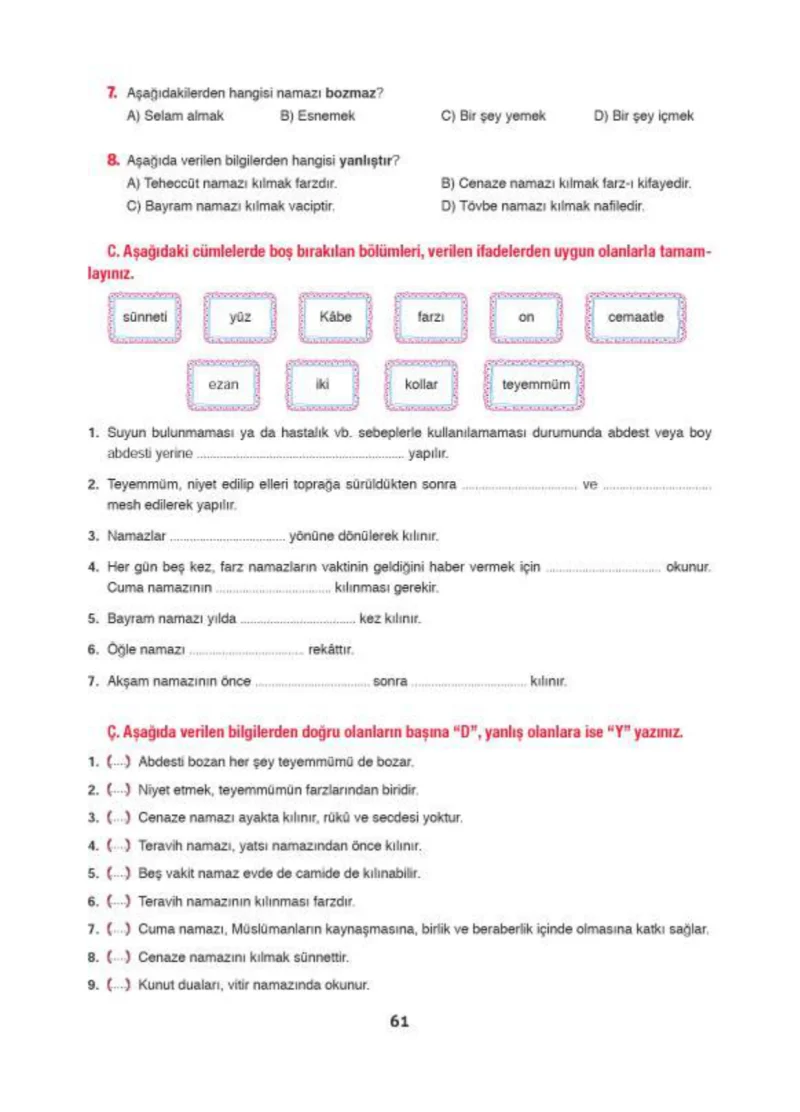 6. Sınıf Din Kültürü ve Ahlak Bilgisi Ders Kitabı Cevapları Doğa Yayınları Sayfa 61