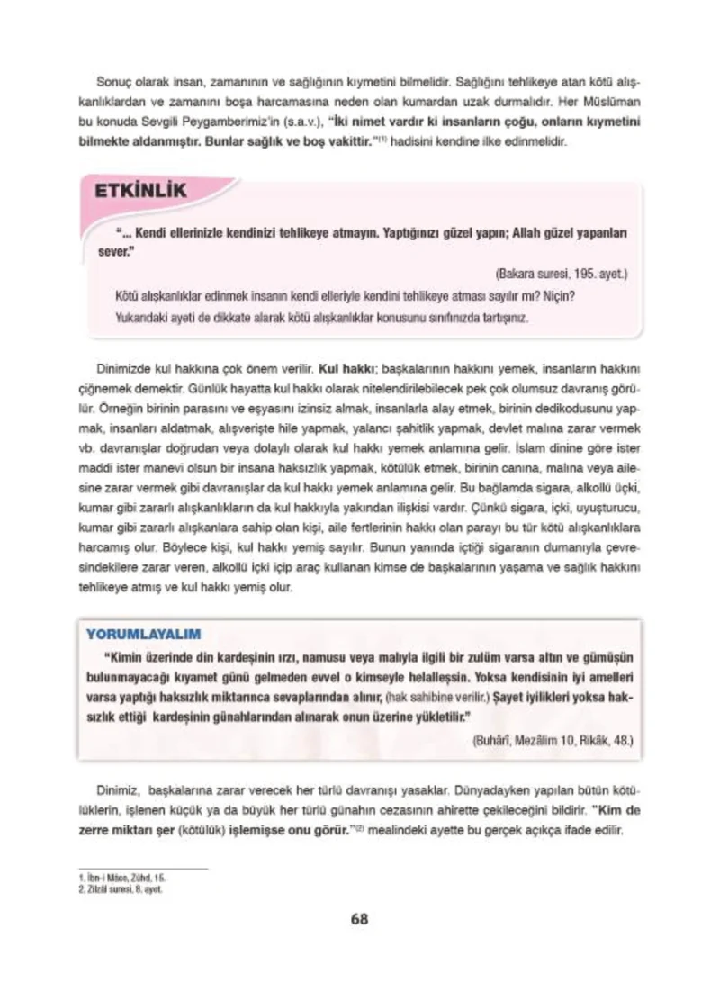 6. Sınıf Din Kültürü ve Ahlak Bilgisi Ders Kitabı Cevapları Doğa Yayınları Sayfa 68
