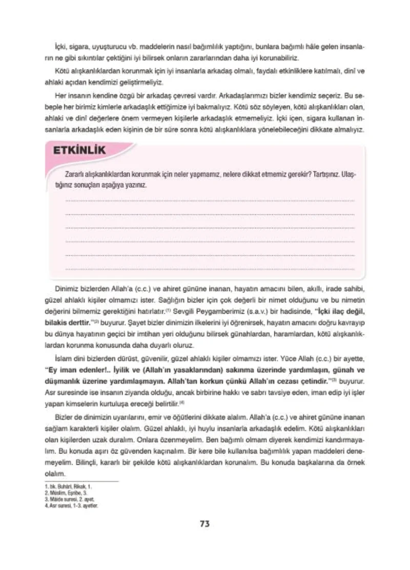 6. Sınıf Din Kültürü ve Ahlak Bilgisi Ders Kitabı Cevapları Doğa Yayınları Sayfa 73