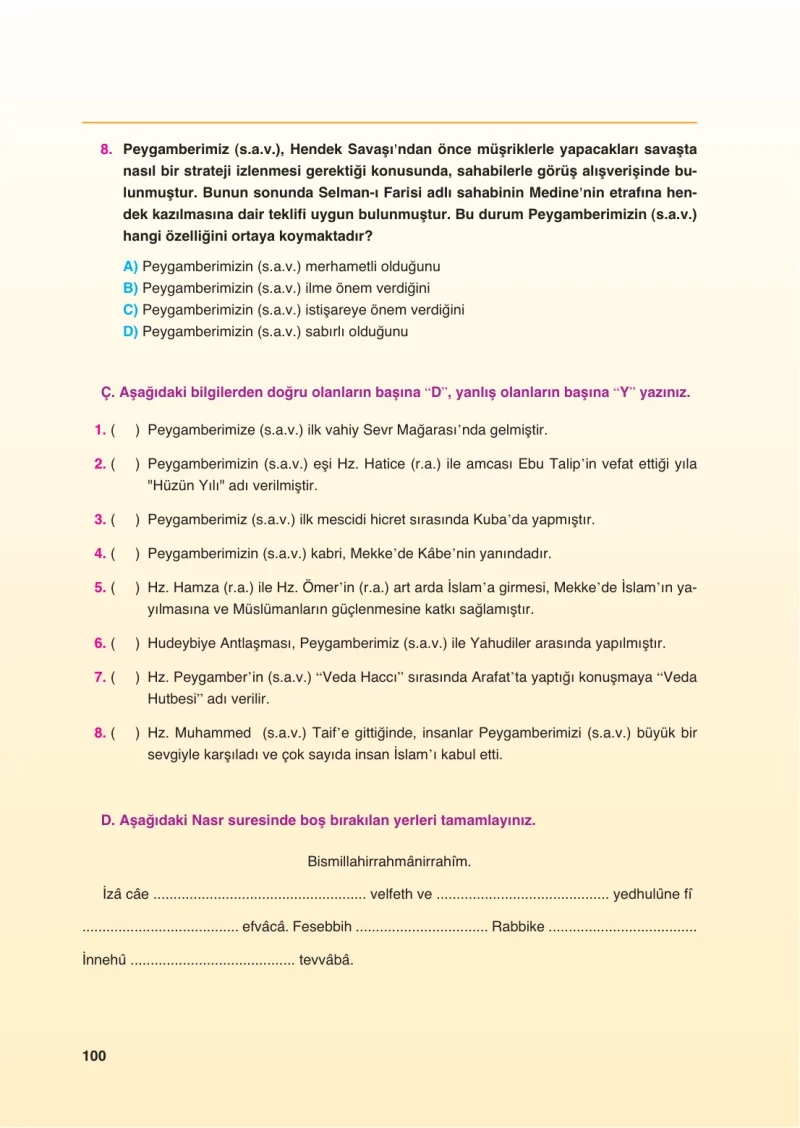 6. Sınıf Din Kültürü ve Ahlak Bilgisi Ders Kitabı Cevapları FCM Yayıncılık Sayfa 100