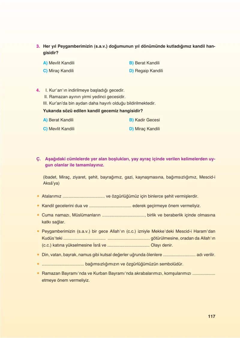 6. Sınıf Din Kültürü ve Ahlak Bilgisi Ders Kitabı Cevapları FCM Yayıncılık Sayfa 117