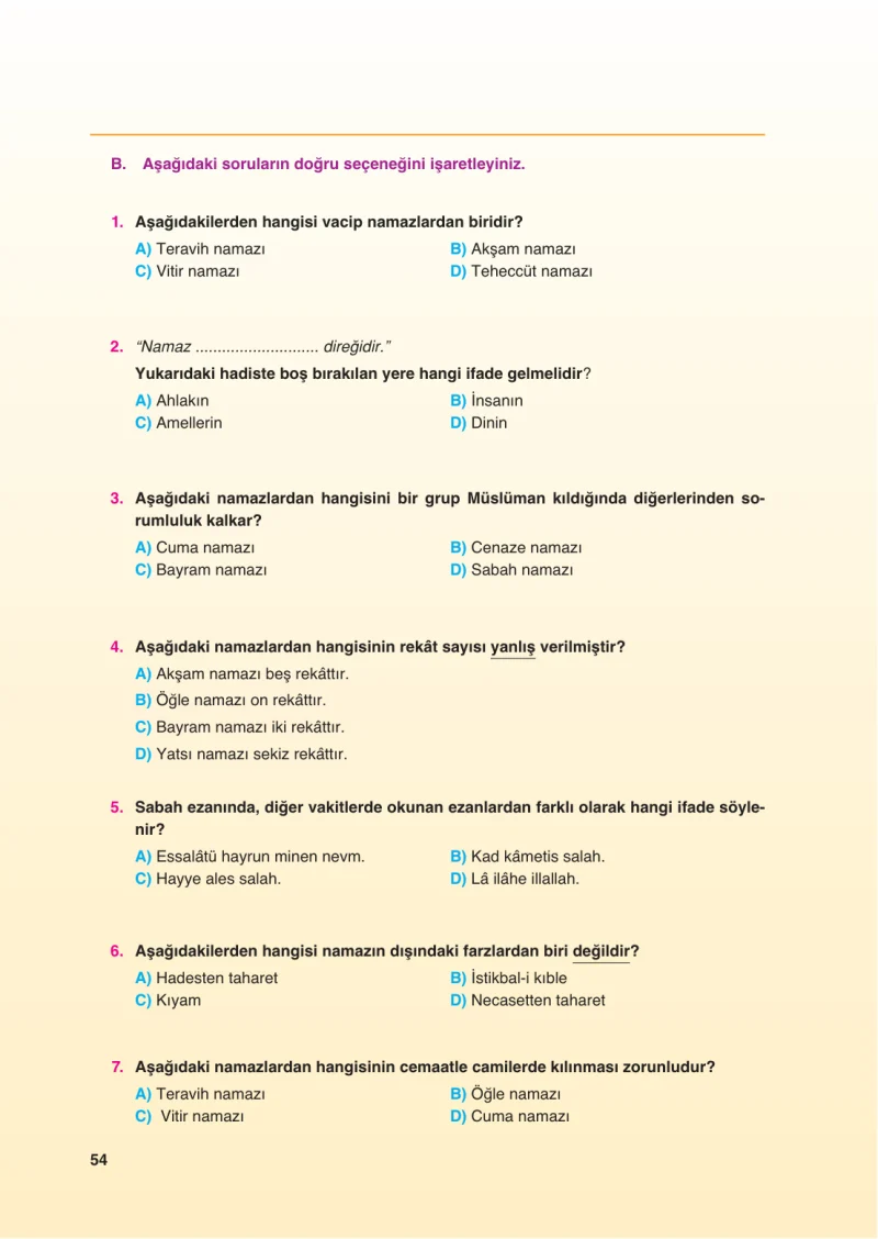 6. Sınıf Din Kültürü ve Ahlak Bilgisi Ders Kitabı Cevapları FCM Yayıncılık Sayfa 54