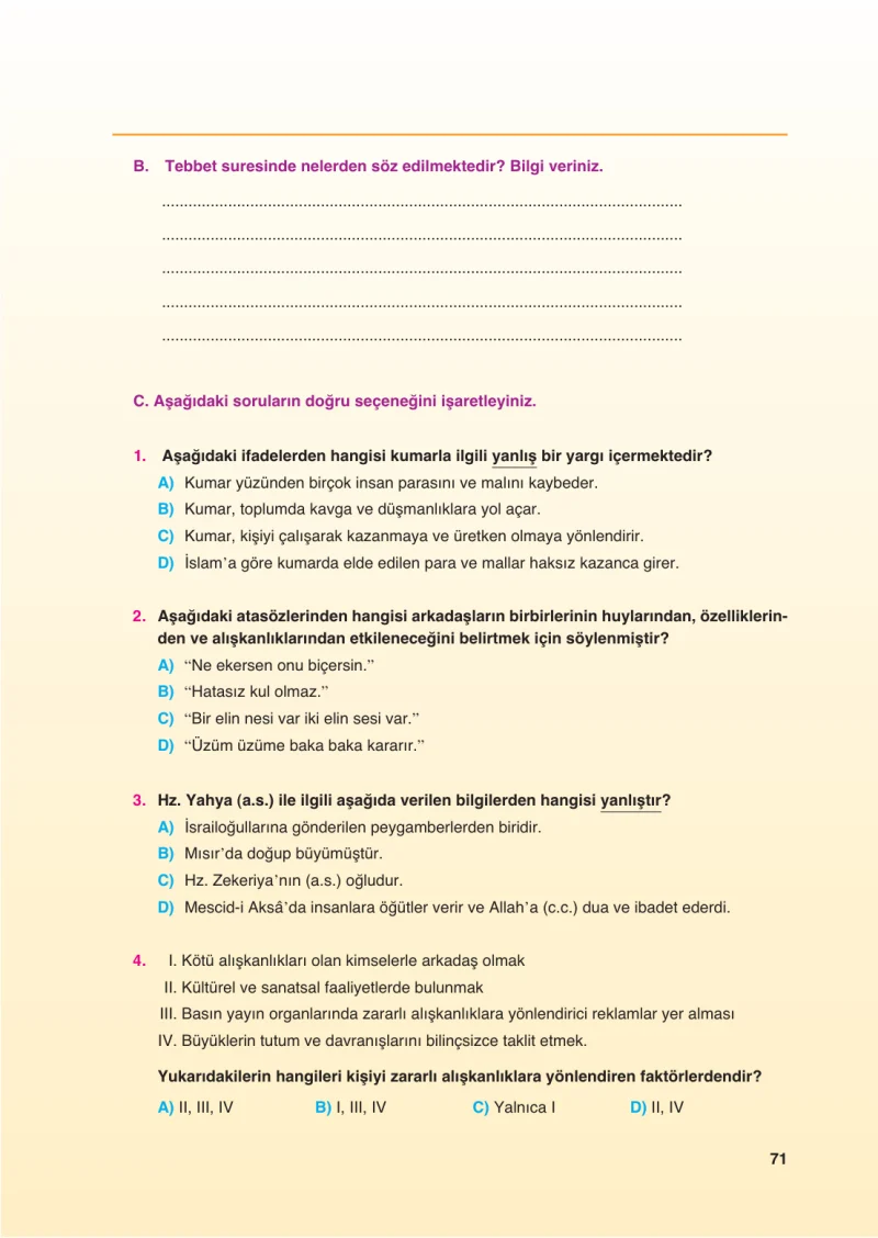 6. Sınıf Din Kültürü ve Ahlak Bilgisi Ders Kitabı Cevapları FCM Yayıncılık Sayfa 71