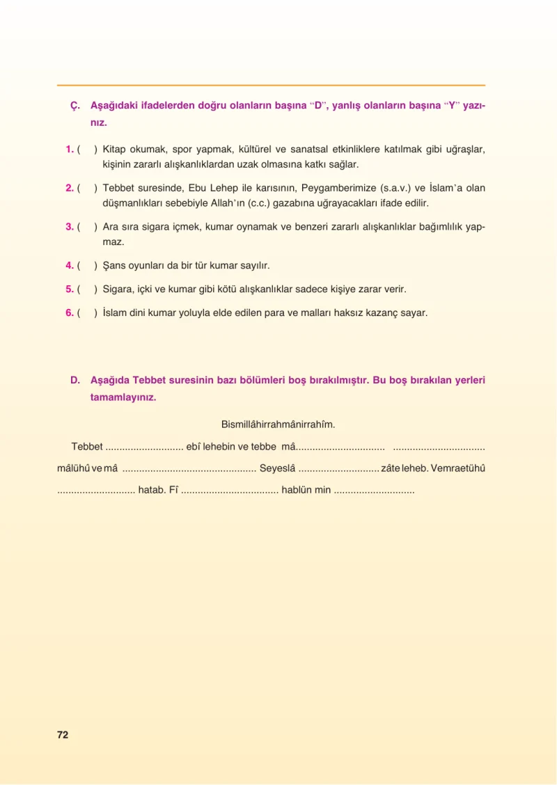 6. Sınıf Din Kültürü ve Ahlak Bilgisi Ders Kitabı Cevapları FCM Yayıncılık Sayfa 72