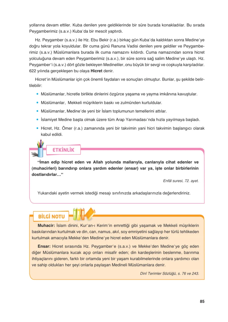 6. Sınıf Din Kültürü ve Ahlak Bilgisi Ders Kitabı Cevapları FCM Yayıncılık Sayfa 85