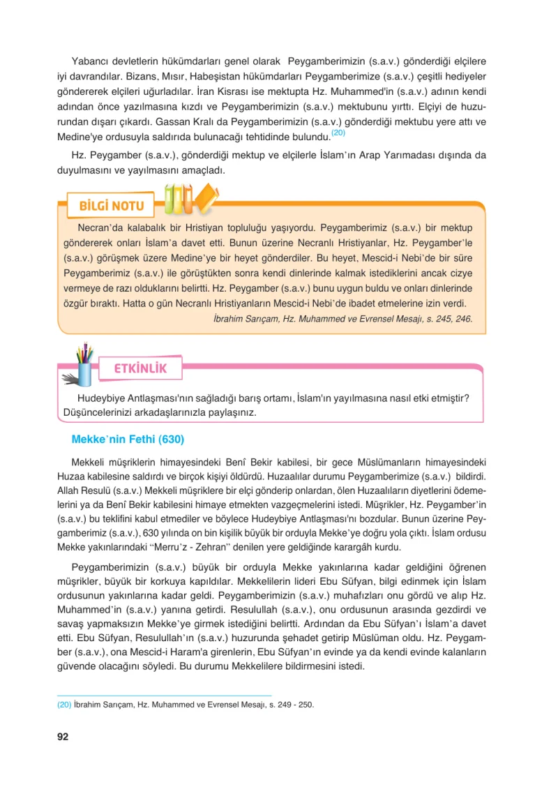 6. Sınıf Din Kültürü ve Ahlak Bilgisi Ders Kitabı Cevapları FCM Yayıncılık Sayfa 92