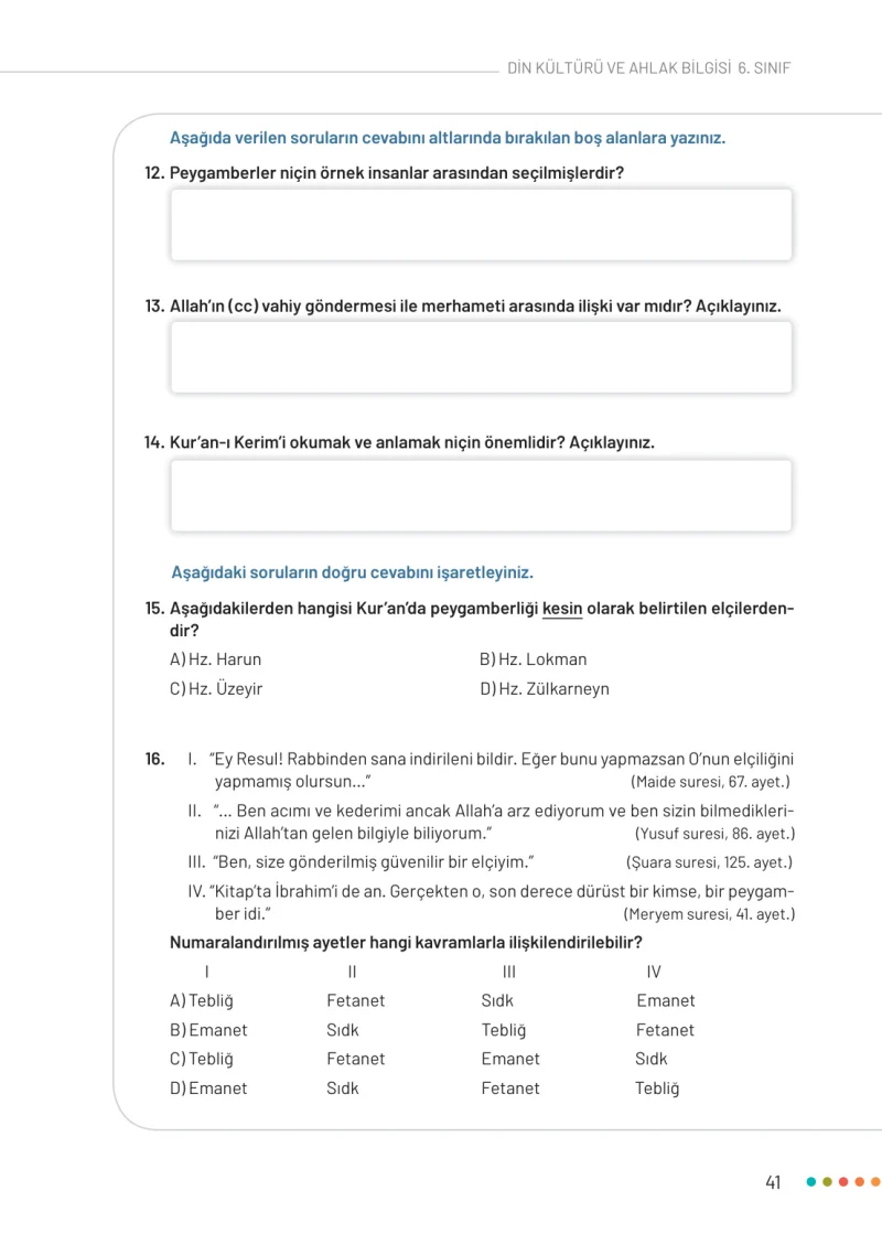 6. Sınıf Din Kültürü ve Ahlak Bilgisi Ders Kitabı Cevapları Meb Yayınları Sayfa 41
