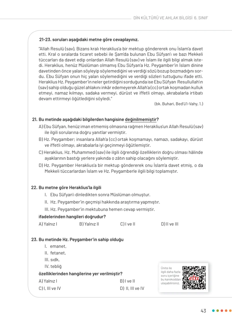 6. Sınıf Din Kültürü ve Ahlak Bilgisi Ders Kitabı Cevapları Meb Yayınları Sayfa 43