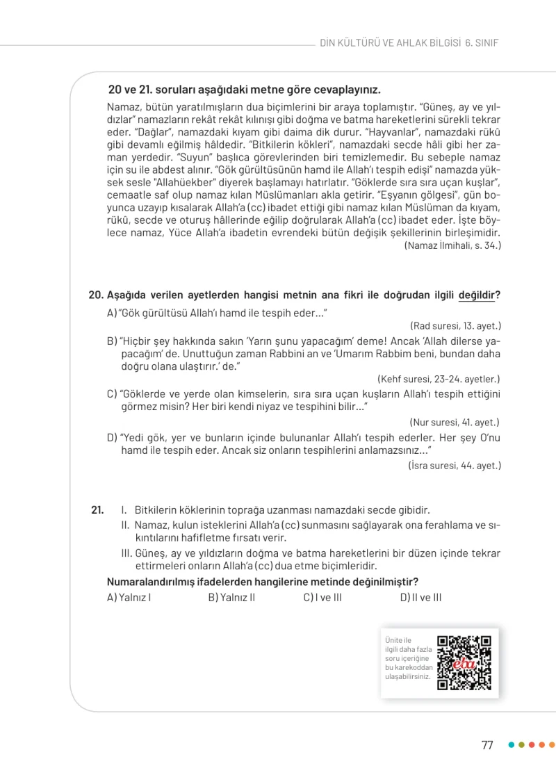 6. Sınıf Din Kültürü ve Ahlak Bilgisi Ders Kitabı Cevapları Meb Yayınları Sayfa 77