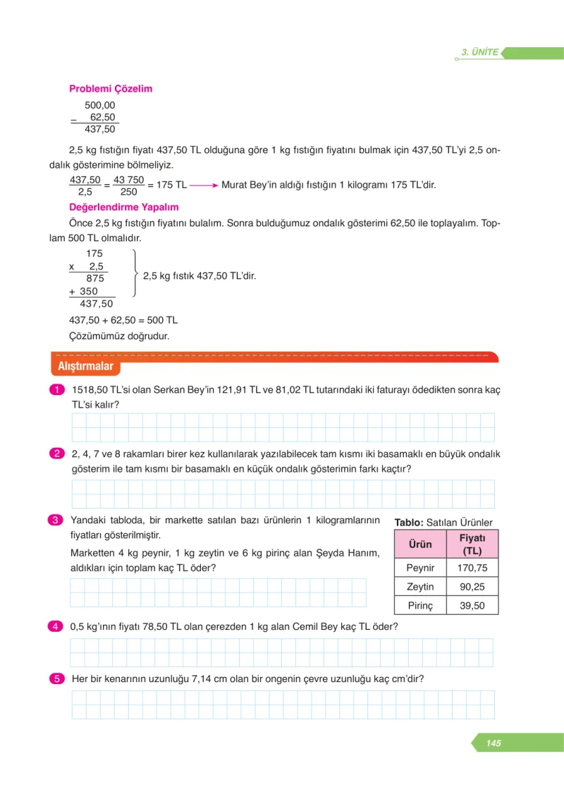 6. Sınıf Matematik Ders Kitabı Cevapları Ata Yayınları Sayfa 145