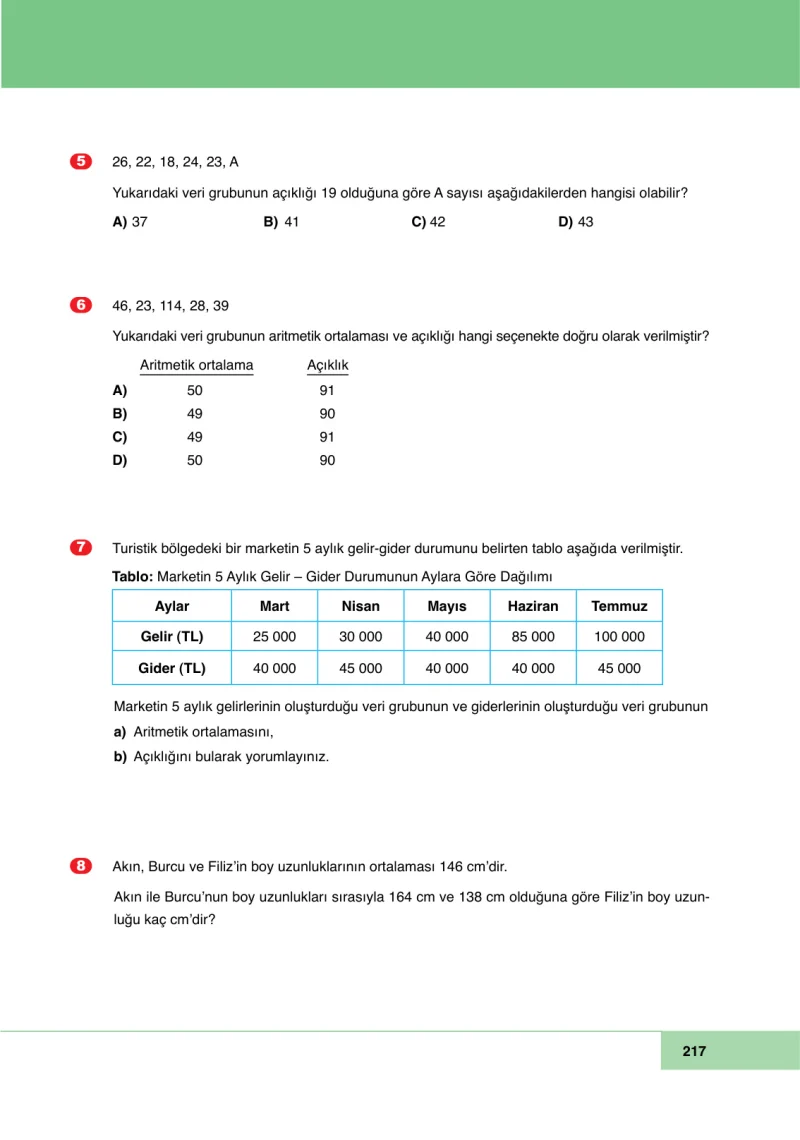 6. Sınıf Matematik Ders Kitabı Cevapları Doğa Yayınları Sayfa 217