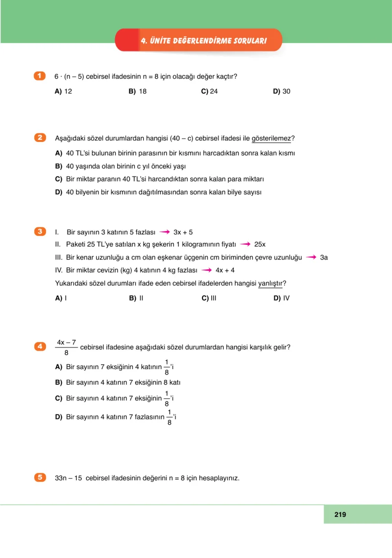 6. Sınıf Matematik Ders Kitabı Cevapları Doğa Yayınları Sayfa 219
