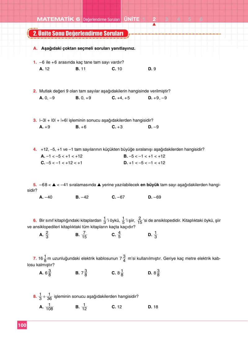 6. Sınıf Matematik Ders Kitabı Cevapları Koza Yayınları Sayfa 100