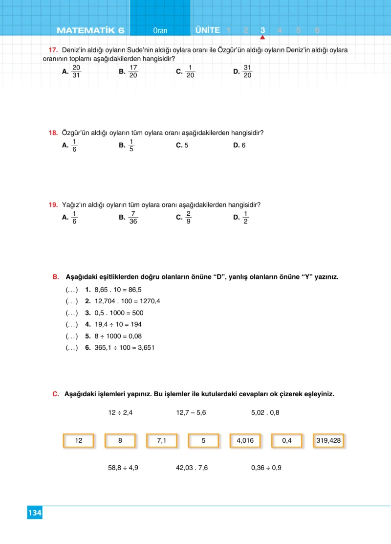 6. Sınıf Matematik Ders Kitabı Cevapları Koza Yayınları Sayfa 134
