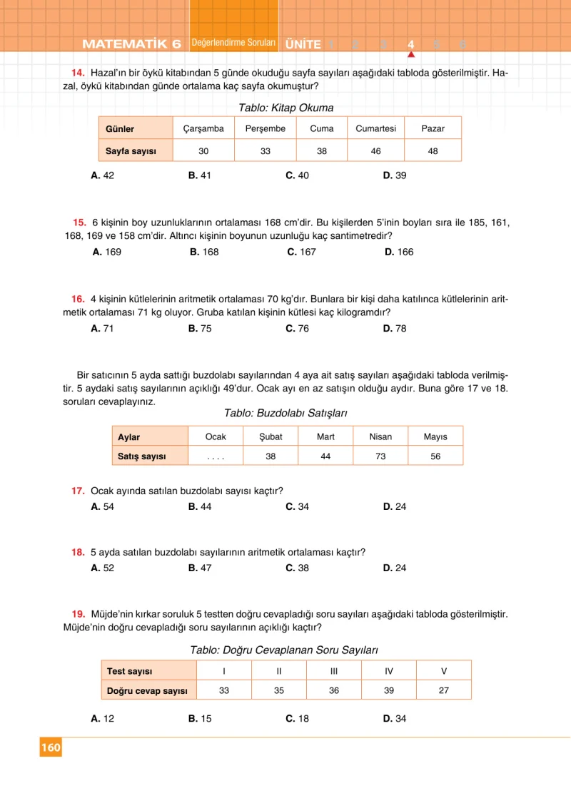 6. Sınıf Matematik Ders Kitabı Cevapları Koza Yayınları Sayfa 160