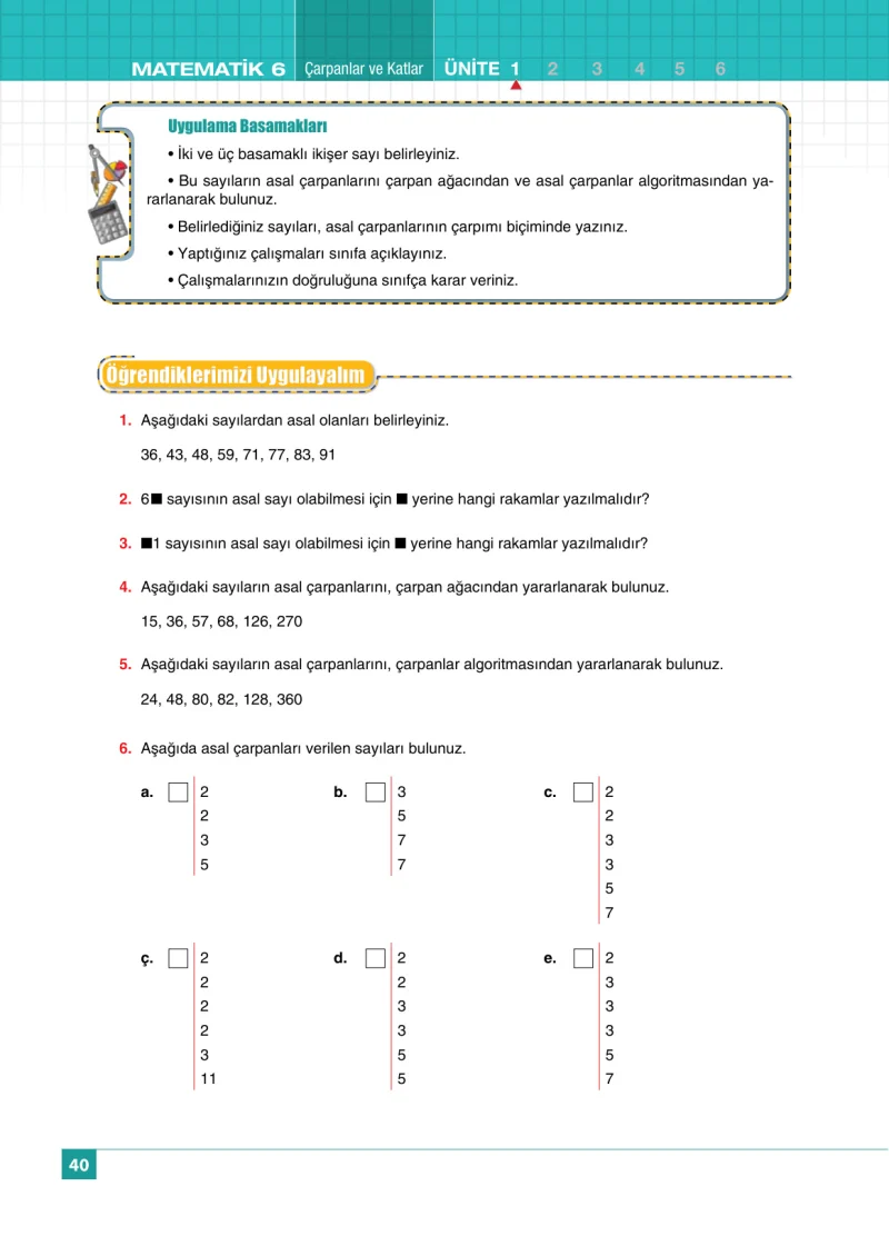6. Sınıf Matematik Ders Kitabı Cevapları Koza Yayınları Sayfa 40