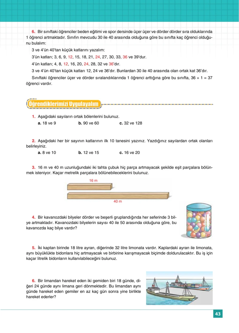 6. Sınıf Matematik Ders Kitabı Cevapları Koza Yayınları Sayfa 43