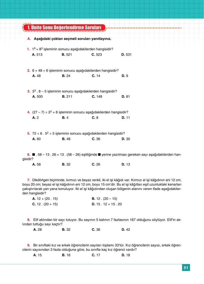 6. Sınıf Matematik Ders Kitabı Cevapları Koza Yayınları Sayfa 51