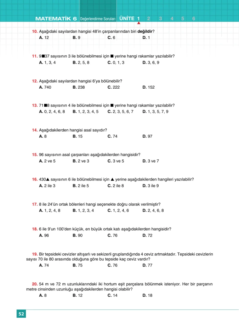 6. Sınıf Matematik Ders Kitabı Cevapları Koza Yayınları Sayfa 52