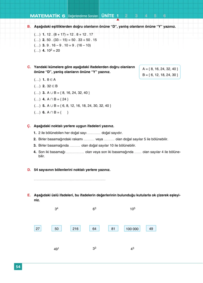 6. Sınıf Matematik Ders Kitabı Cevapları Koza Yayınları Sayfa 54