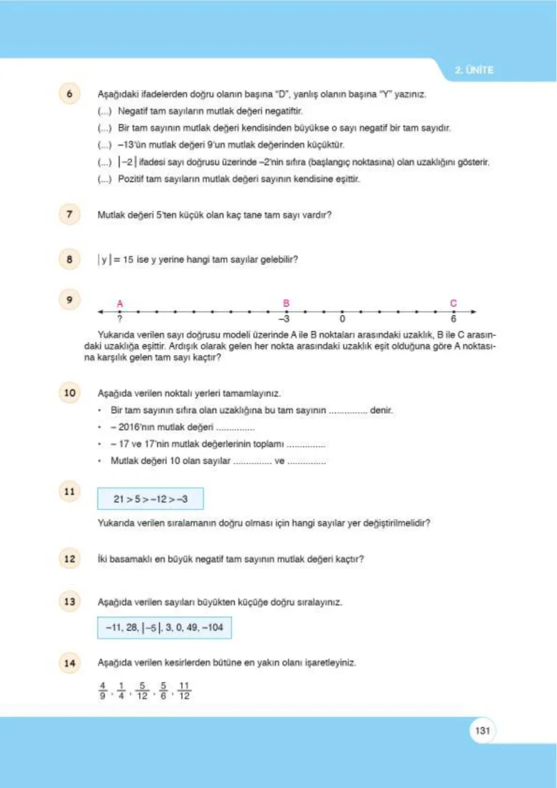6. Sınıf Matematik Ders Kitabı Cevapları Öğün Yayınlar Sayfa 131