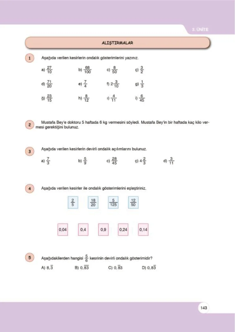 6. Sınıf Matematik Ders Kitabı Cevapları Öğün Yayınlar Sayfa 143