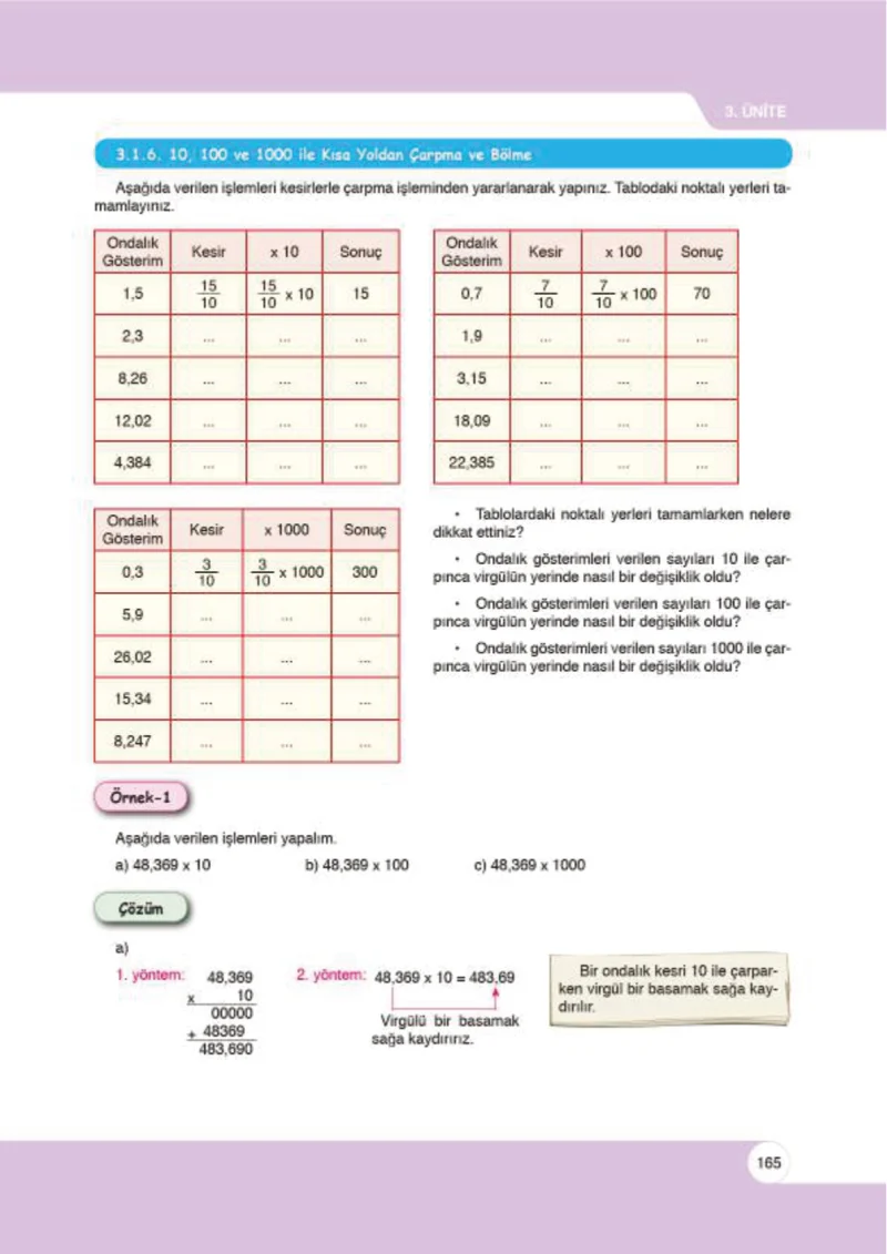 6. Sınıf Matematik Ders Kitabı Cevapları Öğün Yayınlar Sayfa 165