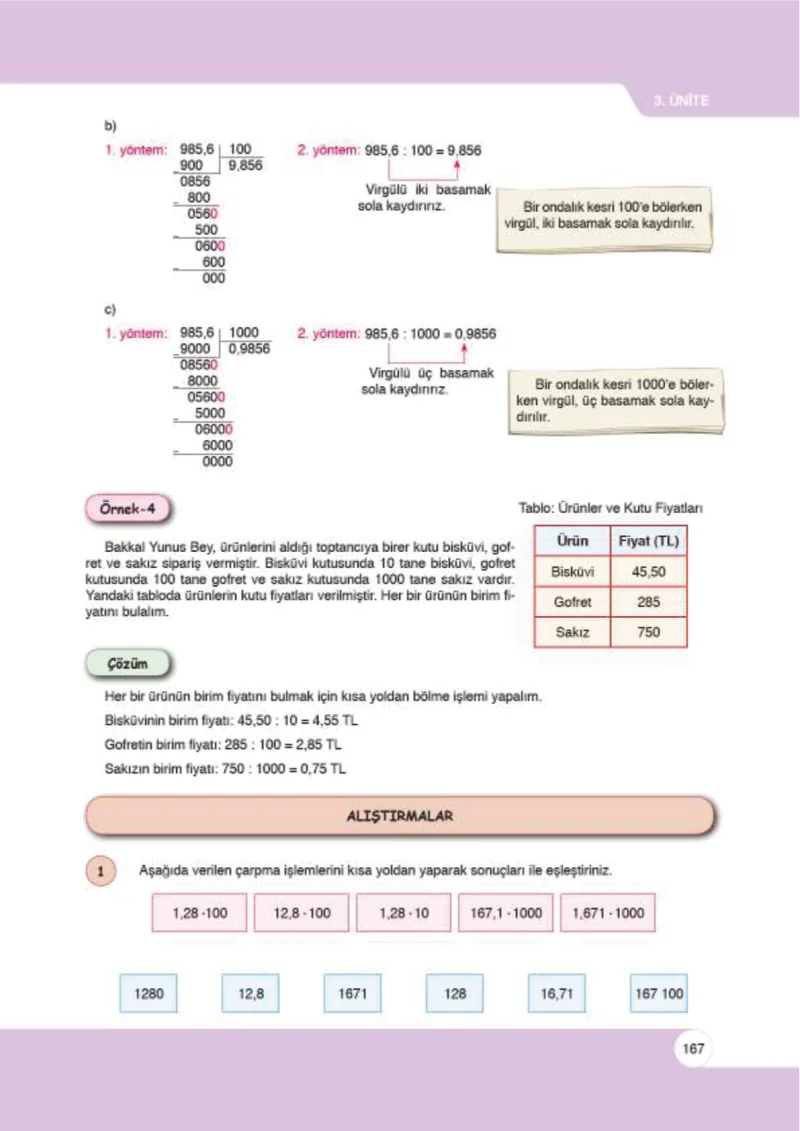 6. Sınıf Matematik Ders Kitabı Cevapları Öğün Yayınlar Sayfa 167