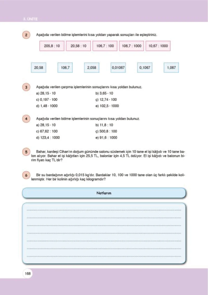 6. Sınıf Matematik Ders Kitabı Cevapları Öğün Yayınlar Sayfa 168