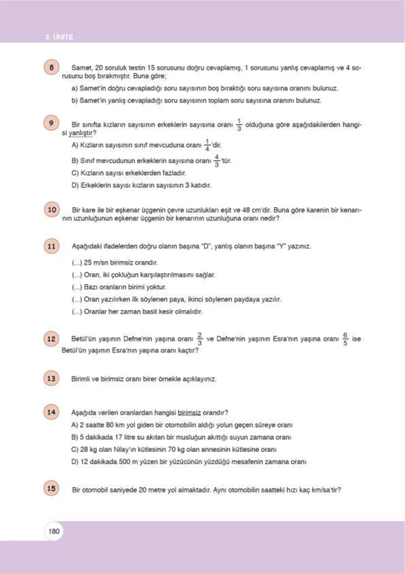 6. Sınıf Matematik Ders Kitabı Cevapları Öğün Yayınlar Sayfa 180