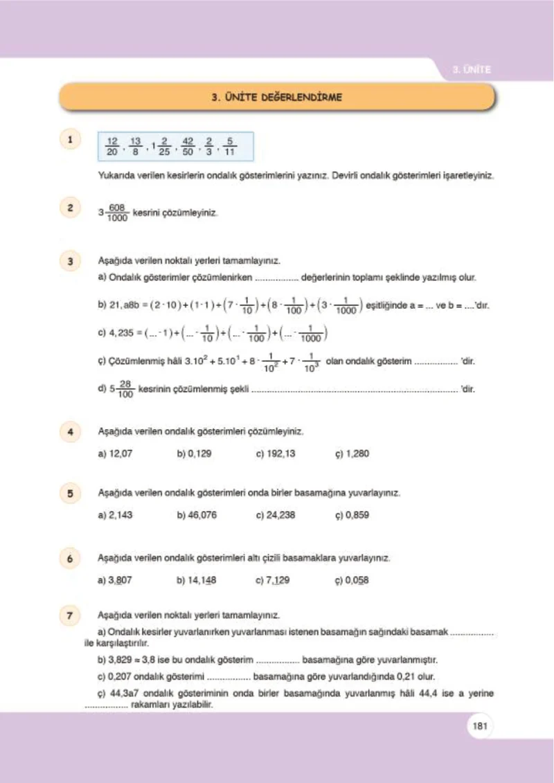 6. Sınıf Matematik Ders Kitabı Cevapları Öğün Yayınlar Sayfa 181