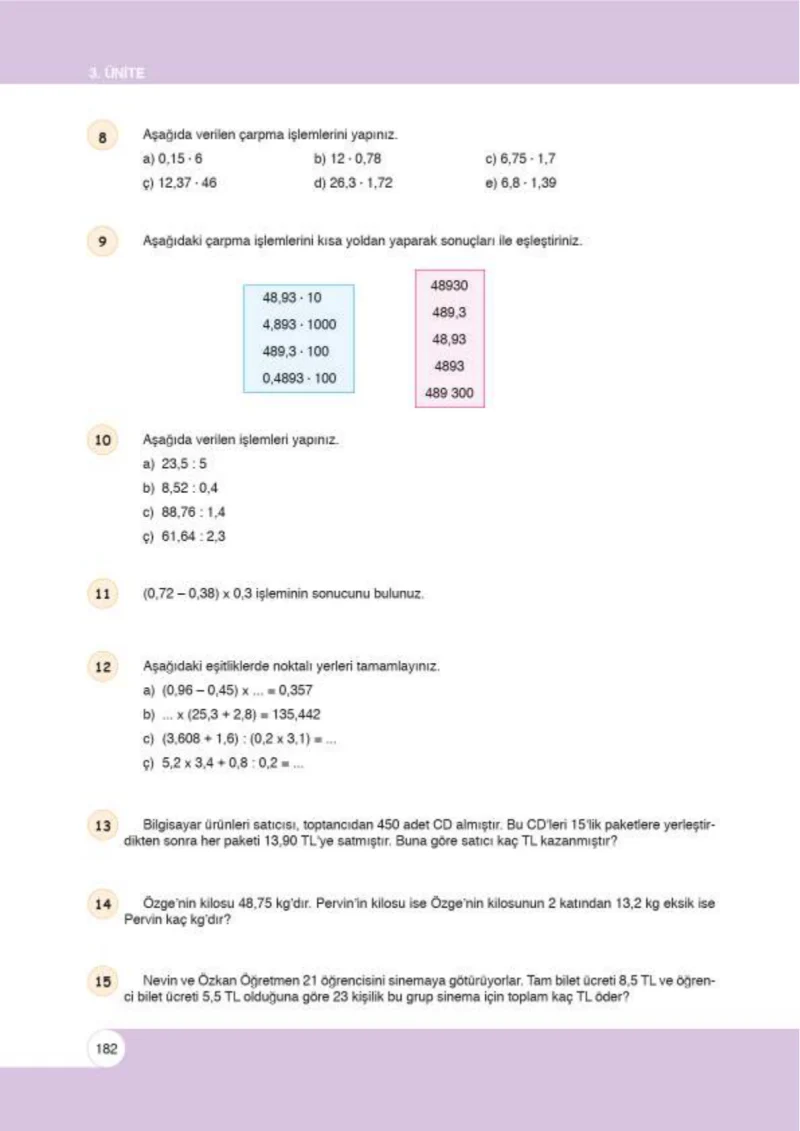6. Sınıf Matematik Ders Kitabı Cevapları Öğün Yayınlar Sayfa 182