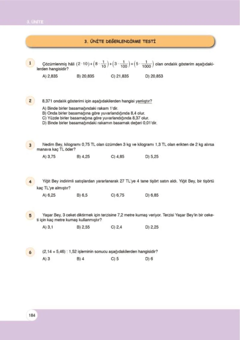 6. Sınıf Matematik Ders Kitabı Cevapları Öğün Yayınlar Sayfa 184